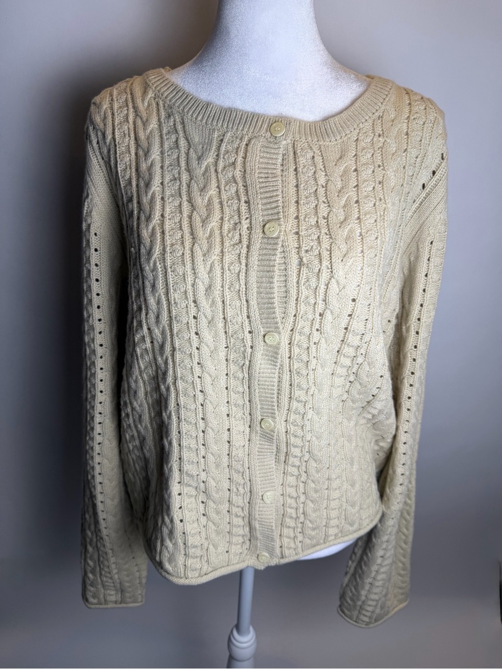 Beige Cable-Knit Button Up Cardigan Sweater